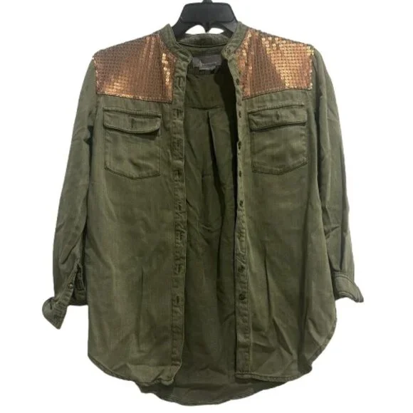 Anthropologie Olive Green Denim Button Down Shirt/Jacket Women’s Size 0 - Picture 2 of 13